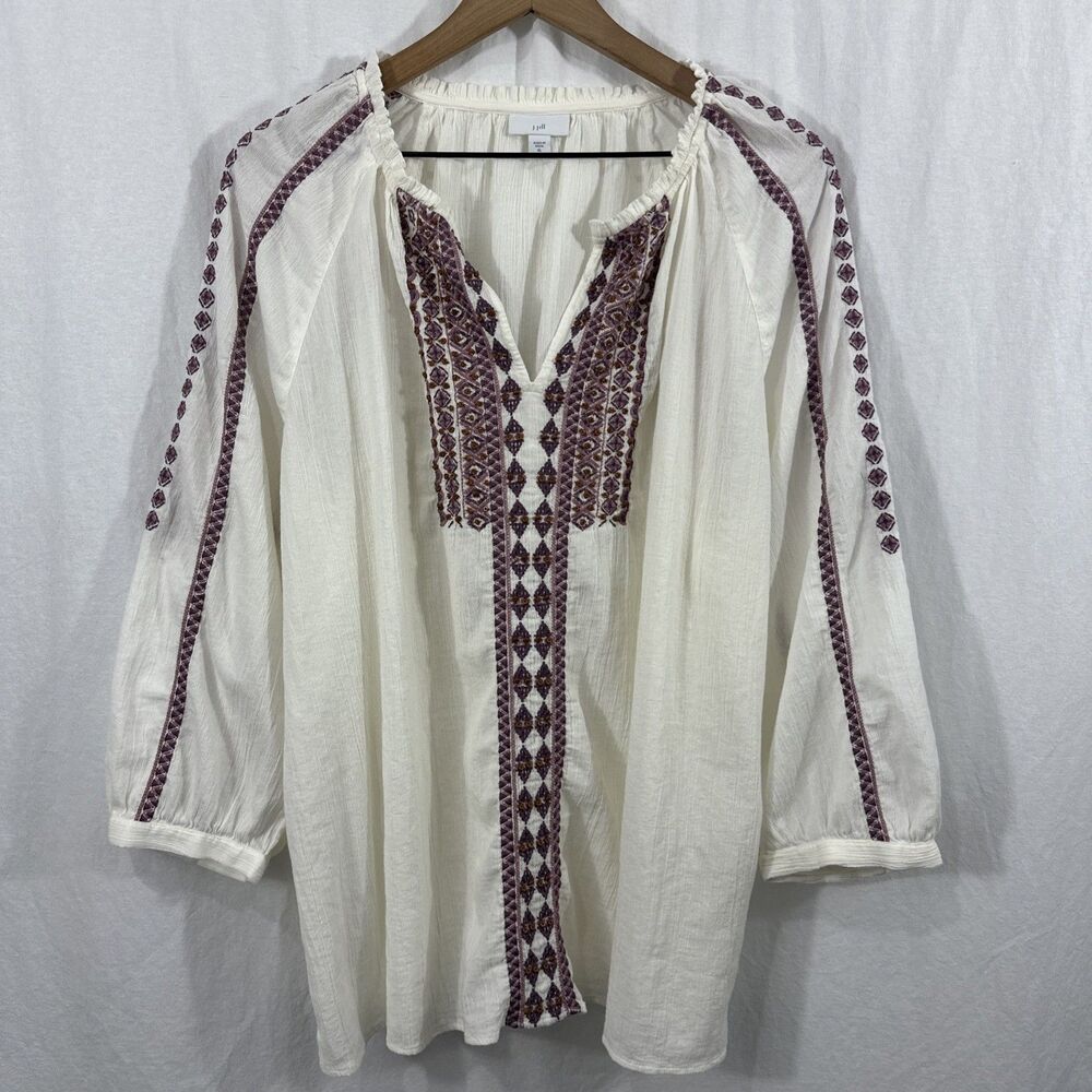 J. Jill Womens White Cotton Embroidered Beaded Peasant Top Boho Sz XL Beachy